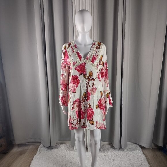 Entro Women's Red, White, Floral Lined Shift Style Long Sleeve Dress Size Medium - Picture 1 of 12